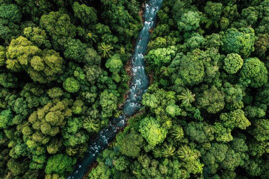 Aerial view of a lush green forest with a winding river