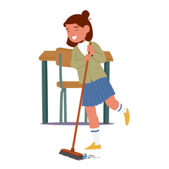 Fototapeta premium Happy smiling schoolgirl sweeping school classroom floor with positive attitude toward chores