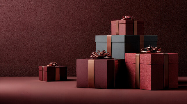 Elegant stack of gift boxes in warm burgundy tones with ribbon bows, placed in a minimal studio setting. Luxury festive composition perfect for Christmas, New Year, holiday promotions, winter sales