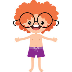 Happy Cartoon Boy With Curly Orange Hair And Round Glasses Wearing Purple Swimming Trunks Standing On Transparent Background With Arms Outstretched