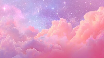 Fototapeta premium Soft pink and purple clouds fill the sky twinkling stars peek through the twilight creating a magical scene.