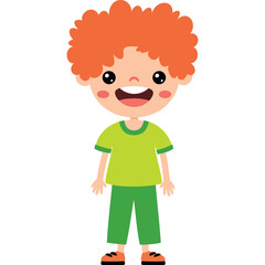 Happy Cartoon Boy with Curly Orange Hair Wearing a Green T-shirt and Green Pants Cheerful Expression Isolated on White Background