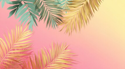 Bright palm leaves create a lively scene with soft gradient colors of pink and orange.