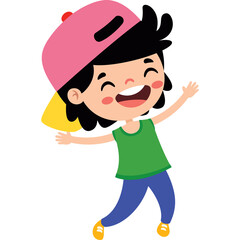 Happy cartoon child wearing a pink baseball cap green shirt blue pants and yellow shoes with arms outstretched in joy isolated on white background.