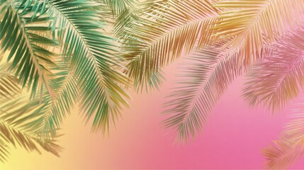 Fototapeta premium Colorful palm leaves add a tropical vibe against a soft pastel backdrop during sunset.