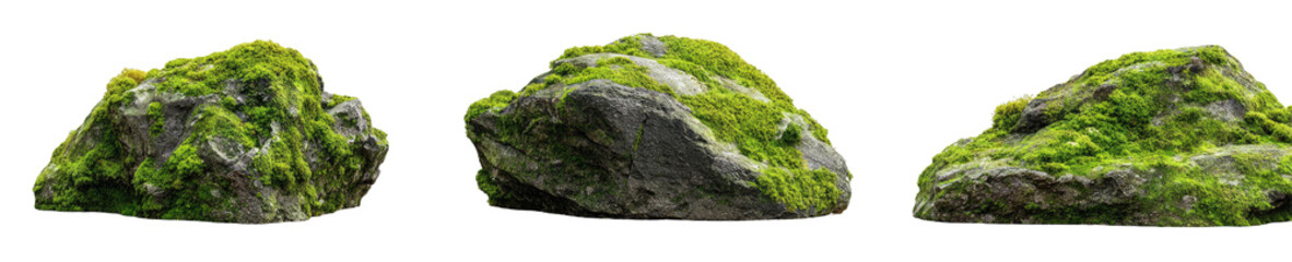Three mossy rocks against a black background