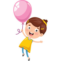 Happy Cartoon Girl In Yellow Dress Holding Pink Balloon Transparent Background