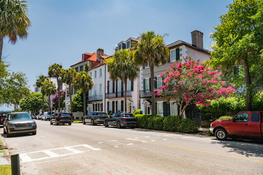 Architecture of Charleston in South Carolina. Old houses in pastel colors.