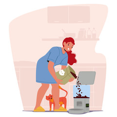 Woman pet owner using smart feeder for cat with portion control due to schedule cartoon scene