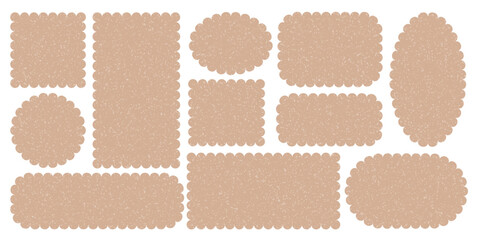 Kraft paper label templates. Decorative edge frame pack. Scalloped frame vector set. Craft handmade textured label different shapes. Scallop tag mockup