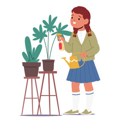 Cute girl student cartoon character watering school flower caring for plants isolated on white