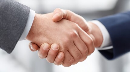 Obraz premium Two individuals greet each other with a solid handshake marking a successful agreement in an office.