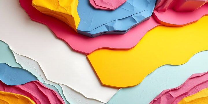 Vibrant abstract background with layered, overlapping paper cutouts in pink, yellow, blue, and white, creating a flowing, topographic 3D design. - Powered by Adobe