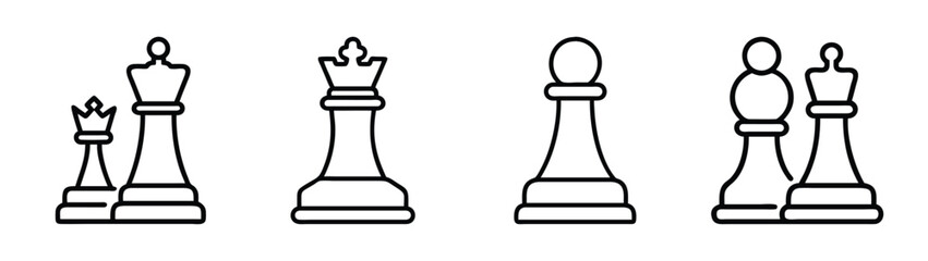 Chess pieces vector art: king, queen, bishop, pawn, outline chess pieces for board game design