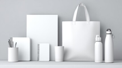A clean and organized workspace features various white stationery bags and water bottles perfect for focus.