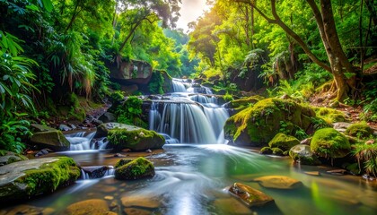 Naklejka premium Lush green forest scene with cascading waterfall over mossy rocks, sun dappling the treetops