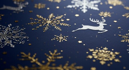 Elegant navy holiday background with gold and silver snowflakes and reindeer for a festive backdrop.