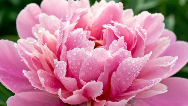 A pink peony flower with water droplets in close up