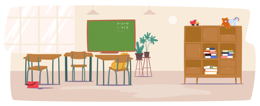 School classroom settings and interior design with furniture and blackboard cartoon background