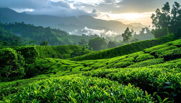 Lush green hills carpeted with tea bushes under a soft, hazy sky. Mountains fade in the distance