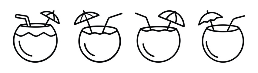 Tropical cocktail drink vector illustration, summer beverage with umbrella and straw outline drawing