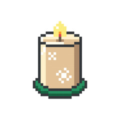 Candle pixel art. Unique pixel art Christmas candle icon. Burning wax candle with snowflake pattern,  light sprite, elegant holiday ui element