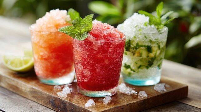 Three colorful slush drinks placed on a wooden board surrounded by fresh ingredients and greenery.