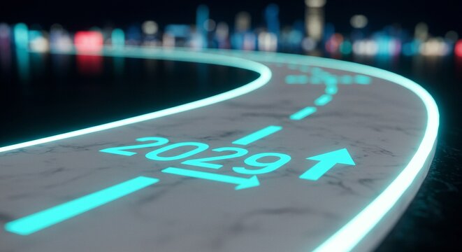 Futuristic pathway illuminates the date 2029 with bright neon lights against the backdrop of a city.