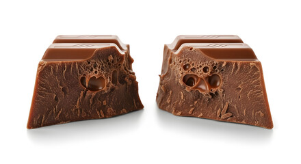 Chocolate bar broken in half, showing texture, isolated on white background