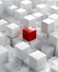 Obraz premium Single red cube among white cubes, representing individuality, courage, and creative difference.