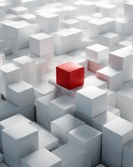 Obraz premium Single red cube among white cubes, representing individuality, courage, and creative difference.