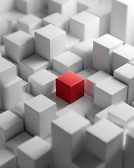 Obraz premium Single red cube among white cubes, representing individuality, courage, and creative difference.