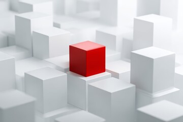 Obraz premium Single red cube among white cubes, representing individuality, courage, and creative difference.