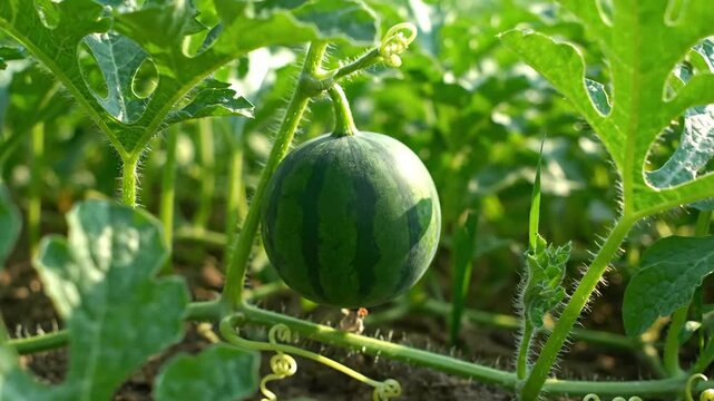 A small unripe watermelon growing on its green vine