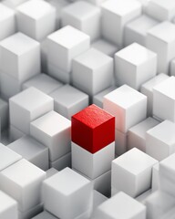 Obraz premium Single red cube among white cubes, representing individuality, courage, and creative difference.