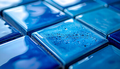 Square ceramic tiles in multiple shades of blue, glossy reflections and texture details, abstract