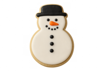 Snowman cookie with icing and hat, celebrating winter holidays and christmas season, transparent background