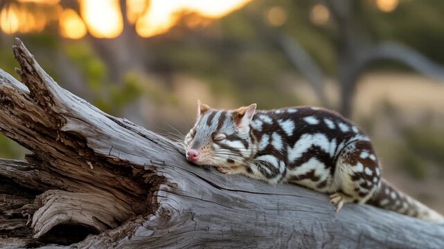 Quoll standing on branch with spotted fur in warm forest evening light