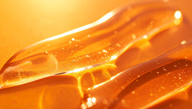 Transparent hyaluronic acid gel smear on orange background, glossy texture, smooth and fluid