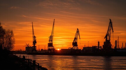 Obraz premium Magnificent sunset fills the sky with vibrant colors while cranes stand tall at the riverside.