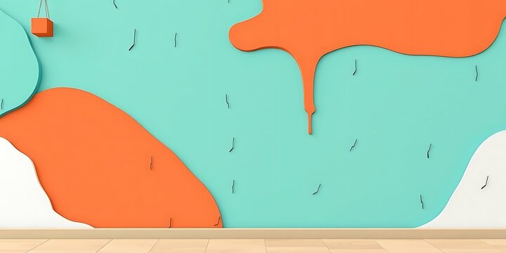 Quirky 3D rendering of an interior wall decorated with abstract orange and white flowing shapes and tiny floating accents against a mint green background.