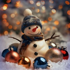 Snowman in hat with Christmas balls ornament holiday card
