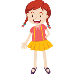 Happy Young Girl with Braided Red Hair Wearing a Pink Shirt and Yellow Skirt Posing Playfully with Arms Outstretched on a Transparent Background