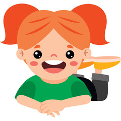 Happy young girl with red pigtails and green shirt lying down smiling cheerfully on a transparent background