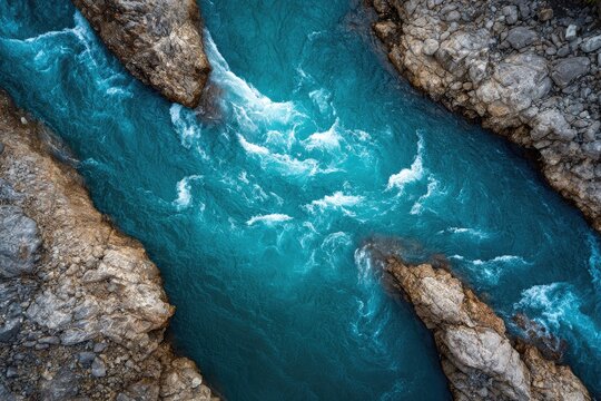 Aerial view of a turquoise river cutting through rugged, rocky cliffs