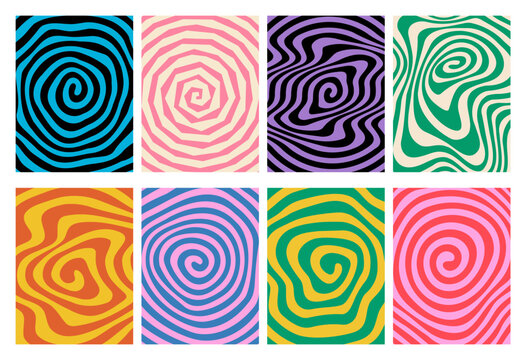 Abstract Spiral Psychedelic Patterns. Vector Swirl Wavy Spiral Background. Radial Line Warp Bg.