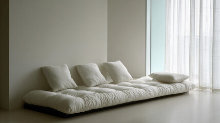 Minimalist seating area in a modern light-filled room