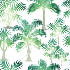 Seamless pattern with watercolor palm trees. Hand drawn. Not AI, vector illustration.