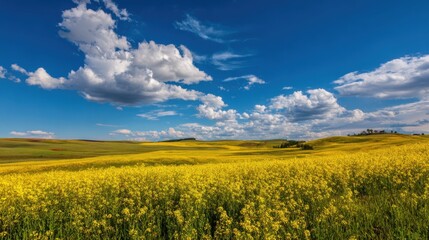 Bright yellow flowers bloom across vast fields contrasting beautifully with the clear blue sky.