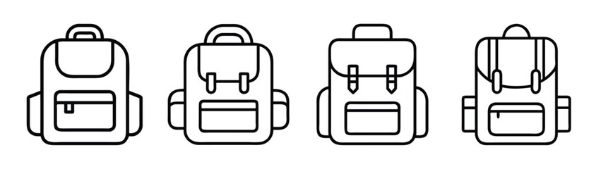 Backpack outline vector set for travel, school, hiking and camping gear design template isolated on white